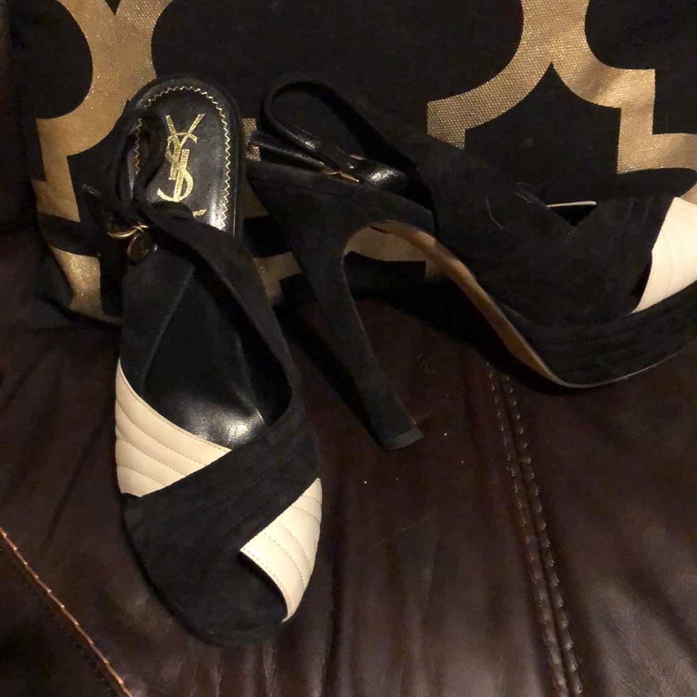 Black/White YSL sling back pumps
